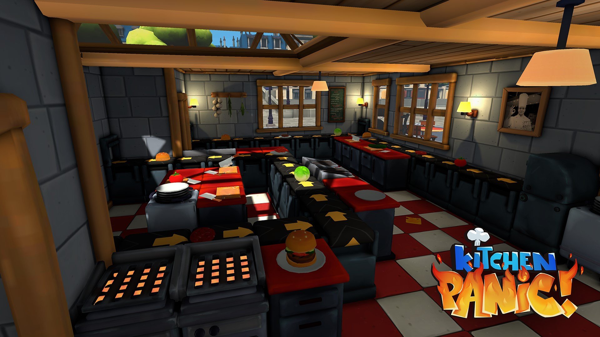 Famille coordonnant une brigade dans une cuisine animée, jeu Kitchen Panic en réalité virtuelle chez Mankind