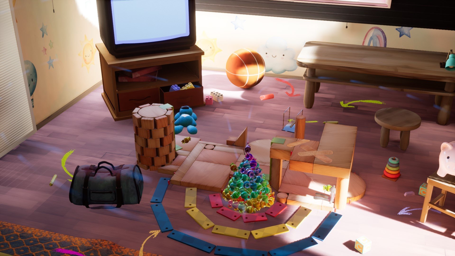 Famille en pleine partie coopérative de tir sur peluches, jeu Plush Rush en réalité virtuelle chez Mankind