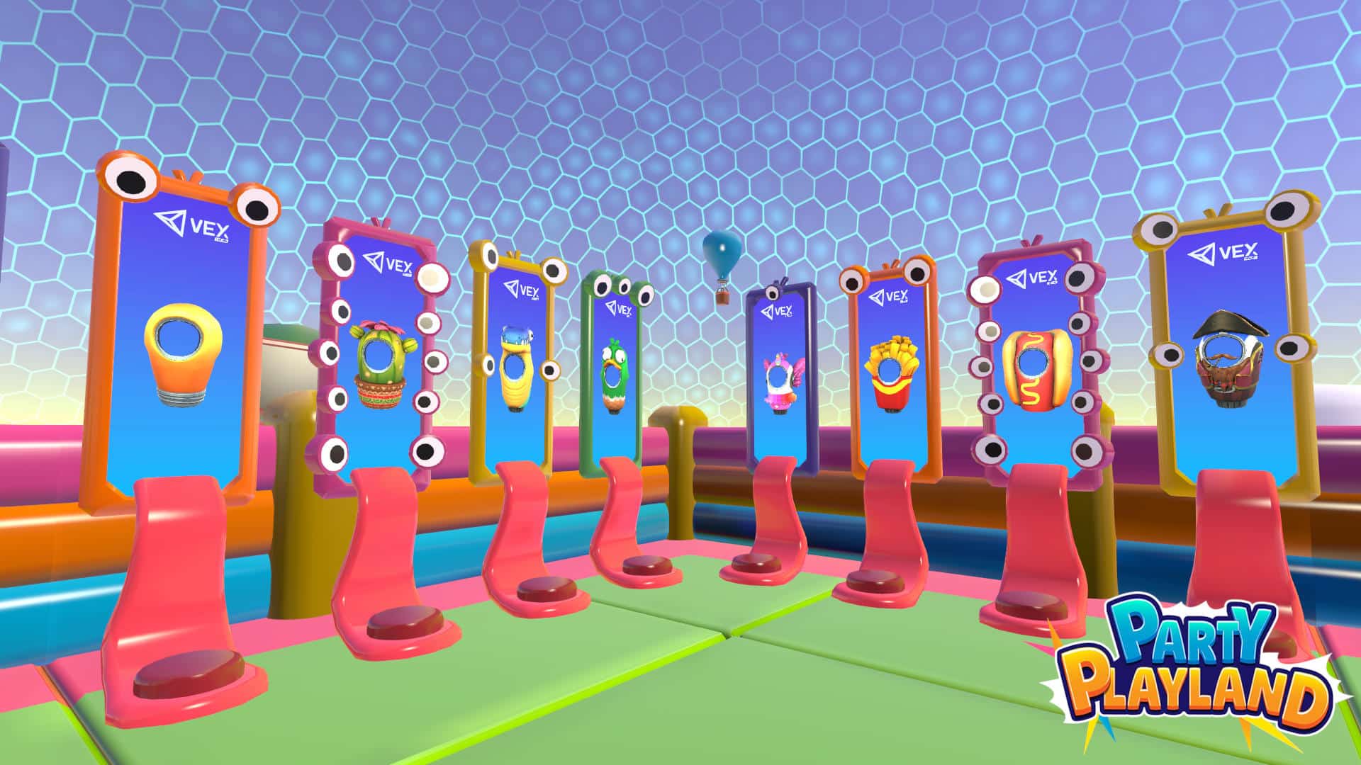Parents et enfants enchaînant des mini-défis festifs, jeu Party Playland en réalité virtuelle chez Mankind