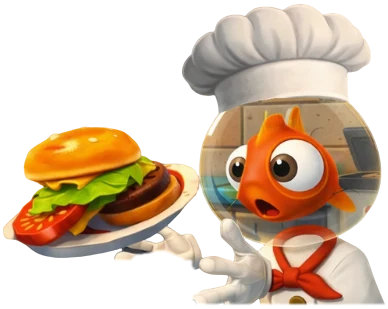 Chef poisson rouge de Kitchen Panic présentant un burger, expérience de réalité virtuelle