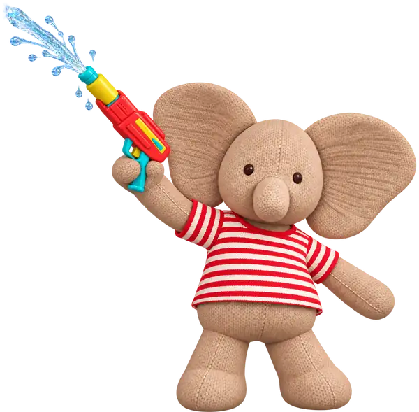 Éléphant en peluche de Plush Rush avec un pistolet à eau, expérience de réalité virtuelle